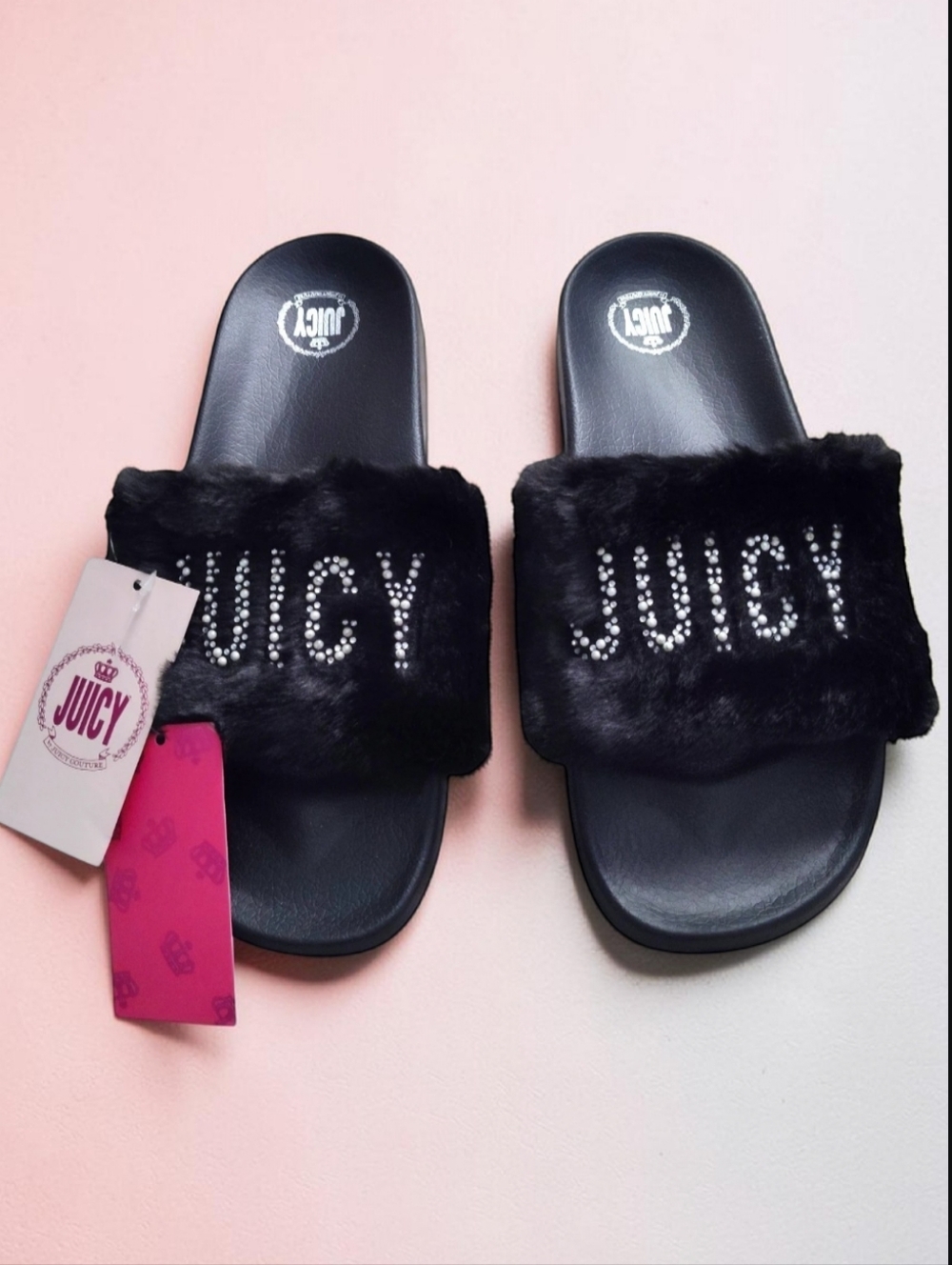 🆕 Juicy Couture J-Wrapped Rhinestone Black Slides Womens 11